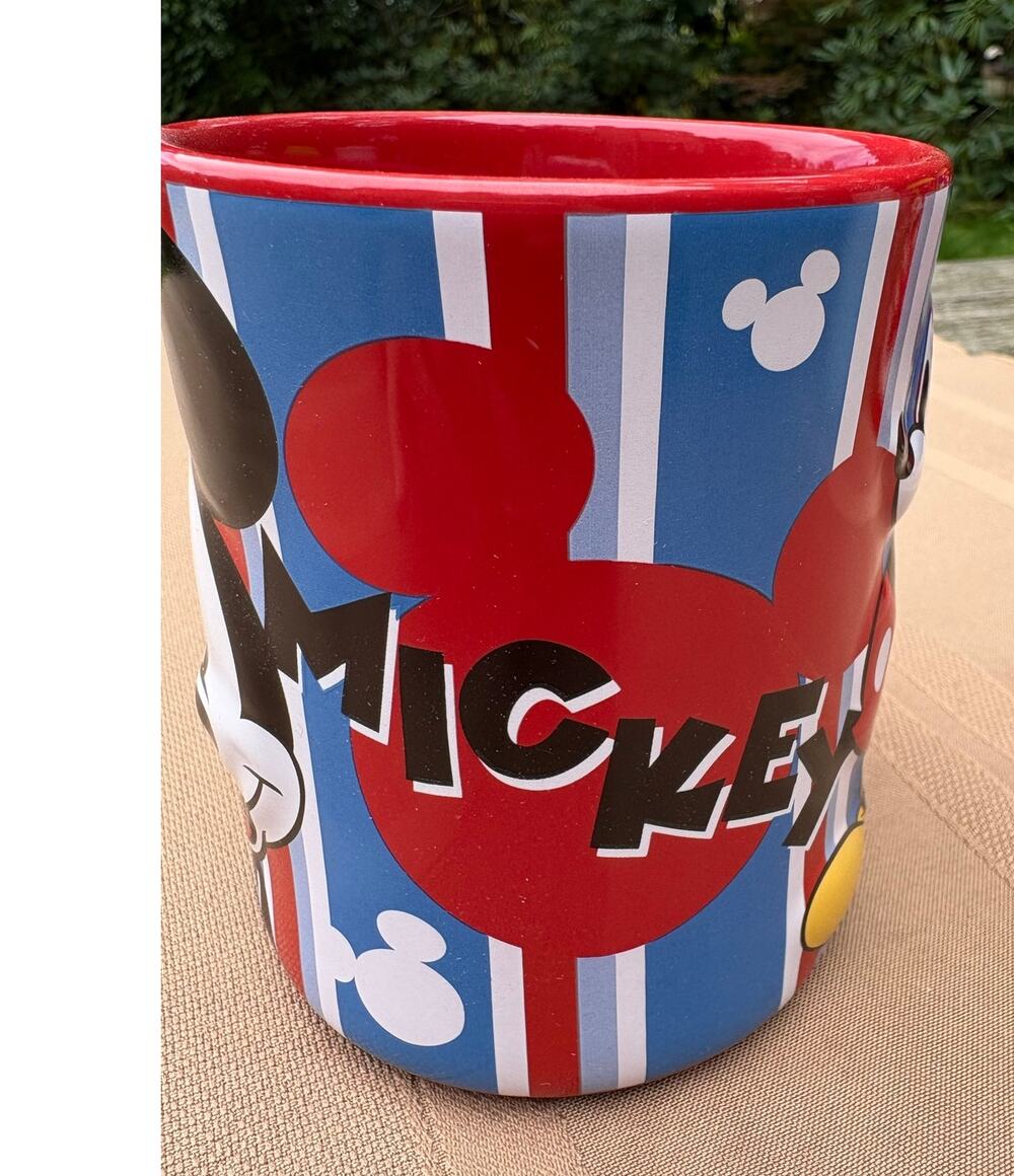 Disney Store Mickey Mouse Ceramic Mug Red Blue Stripes Large 4.5” Thailand